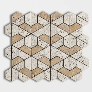 WALNUT NOCE Travertino Hexagon 3D — natūralus akmuo